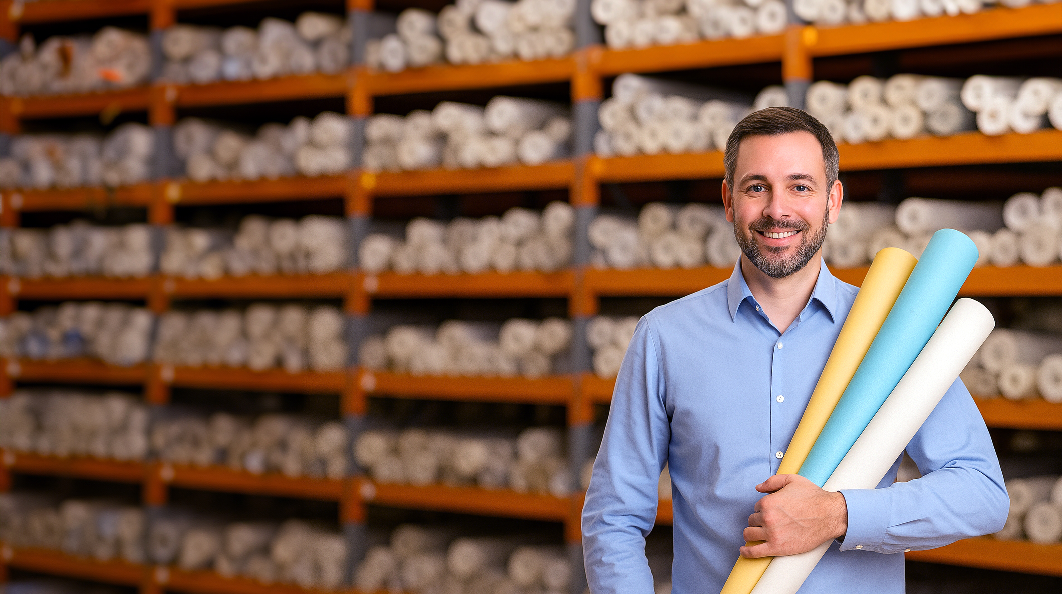 Fachkraft im Lager mit Tapeten in der Hand