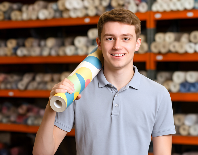 Auszubildender im Lager mit Tapeten in der Hand