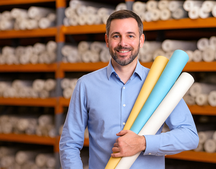 Fachkraft im Lager mit Tapeten in der Hand